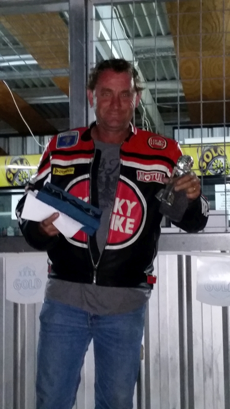 Andrew Harvey, from Roma, gave himself the Modified Bike runner up trophy. Andrew Harvey, from Roma, gave himself the Modified Bike runner up trophy.