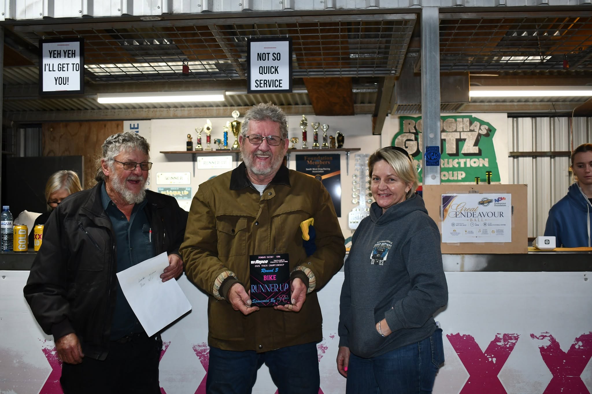 Ray Pascoe, Bikes runner up Warren Dunn and meeting sponsor Paws 'n' Claws owner Jodie Crimmins Ray Pascoe, Bikes runner up Warren Dunn and meeting sponsor Paws 'n' Claws owner Jodie Crimmins