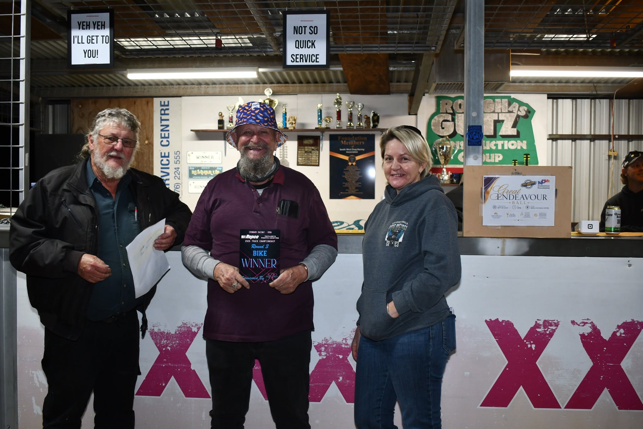 Ray Pascoe, Bikes winner John Sylvester and meeting sponsor Paws 'n' Claws owner Jodie Crimmins Ray Pascoe, Bikes winner John Sylvester and meeting sponsor Paws 'n' Claws owner Jodie Crimmins