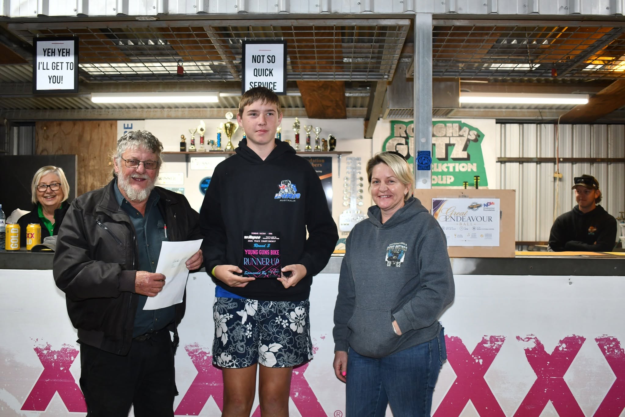 Ray Pascoe, Junior Bikes runner up Rhys Mason and meeting sponsor Paws 'n' Claws owner Jodie Crimmins Ray Pascoe, Junior Bikes runner up Rhys Mason and meeting sponsor Paws 'n' Claws owner Jodie Crimmins