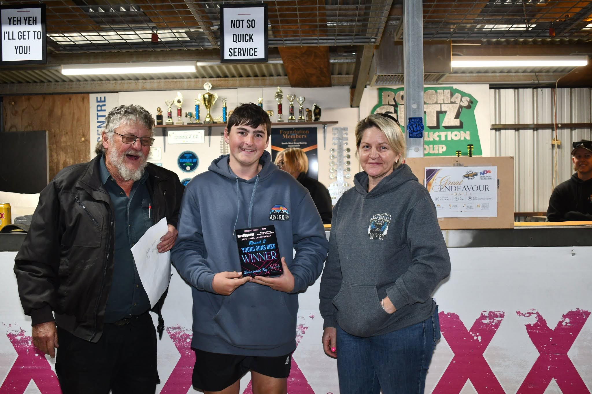 Ray Pascoe, Junior Bikes winner Renton Sylvester and meeting sponsor Paws 'n' Claws owner Jodie Crimmins Ray Pascoe, Junior Bikes winner Renton Sylvester and meeting sponsor Paws 'n' Claws owner Jodie Crimmins