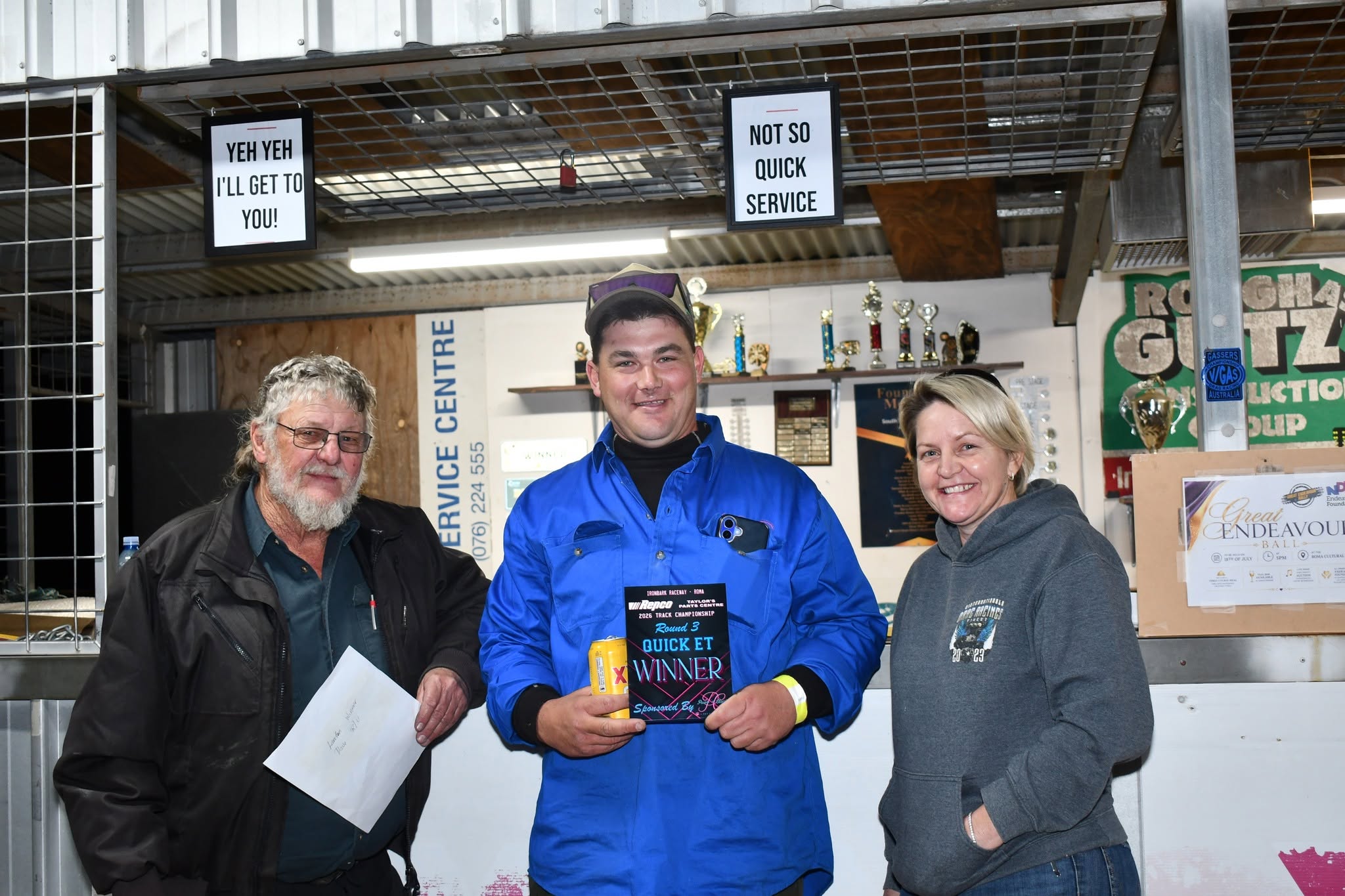 Ray Pascoe, Quick ET winner Troy Barbour and meeting sponsor Paws 'n' Claws owner Jodie Crimmins Ray Pascoe, Quick ET winner Troy Barbour and meeting sponsor Paws 'n' Claws owner Jodie Crimmins