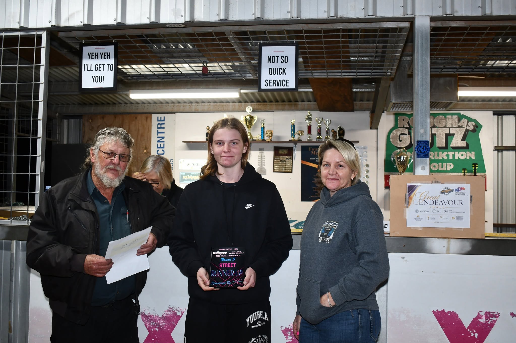 Ray Pascoe, Street runner up Erin Brindley and meeting sponsor Paws 'n' Claws owner Jodie Crimmins Ray Pascoe, Street runner up Erin Brindley and meeting sponsor Paws 'n' Claws owner Jodie Crimmins