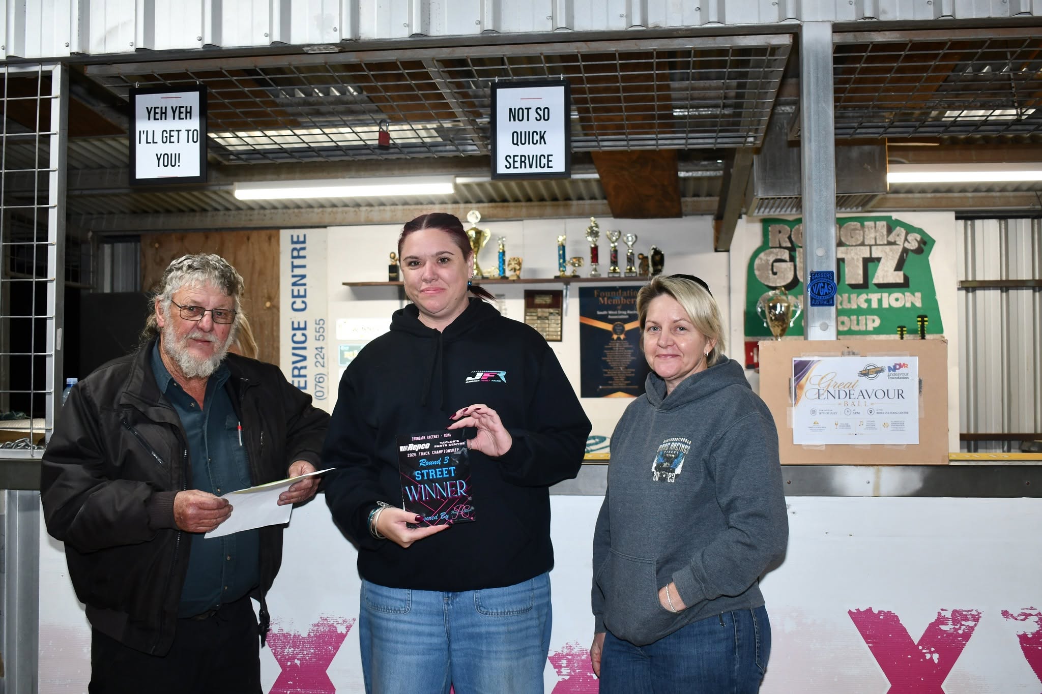 Ray Pascoe, Street winner Melissa Jannusch and meeting sponsor Paws 'n' Claws owner Jodie Crimmins Ray Pascoe, Street winner Melissa Jannusch and meeting sponsor Paws 'n' Claws owner Jodie Crimmins