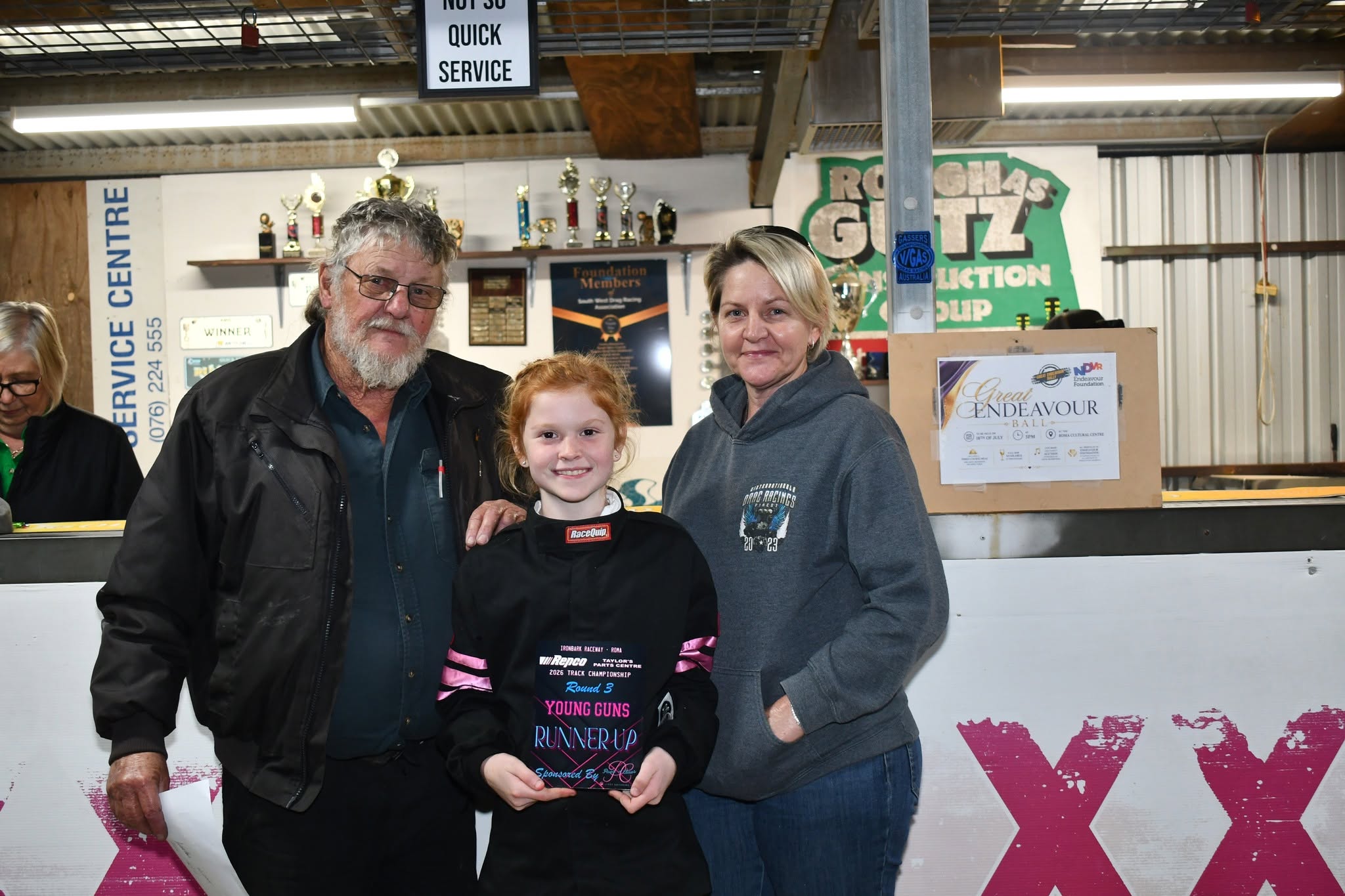 Ray Pascoe, Young Guns runner up Zoe Jannusch and meeting sponsor Paws 'n' Claws owner Jodie Crimmins Ray Pascoe, Young Guns runner up Zoe Jannusch and meeting sponsor Paws 'n' Claws owner Jodie Crimmins