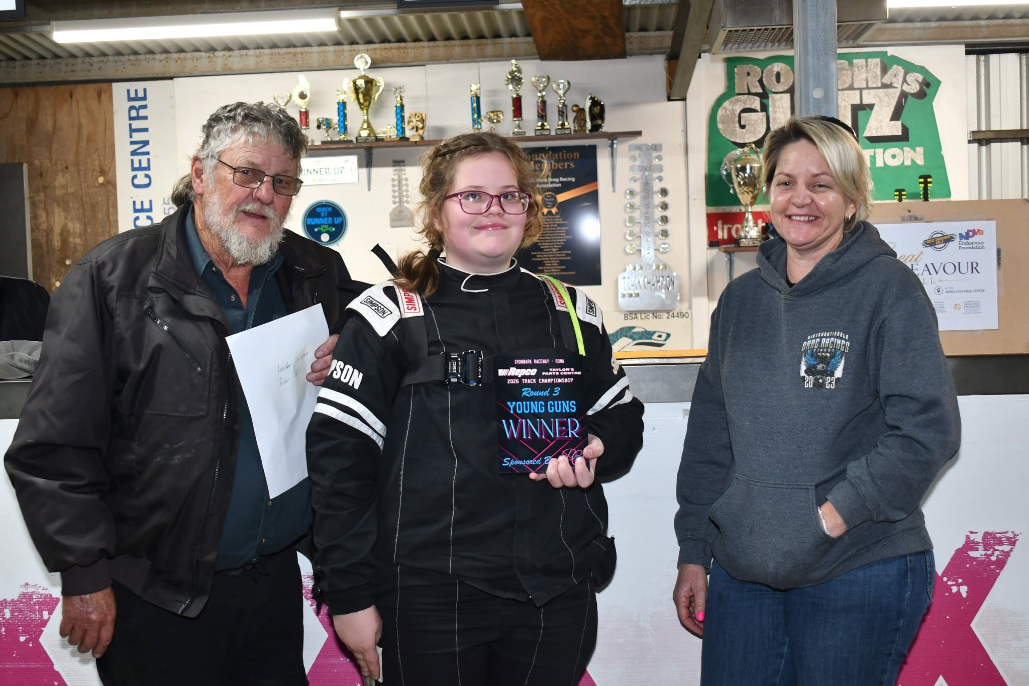 Ray Pascoe, Young Guns winner Bronte Jannusch and meeting sponsor Paws 'n' Claws owner Jodie Crimmins Ray Pascoe, Young Guns winner Bronte Jannusch and meeting sponsor Paws 'n' Claws owner Jodie Crimmins